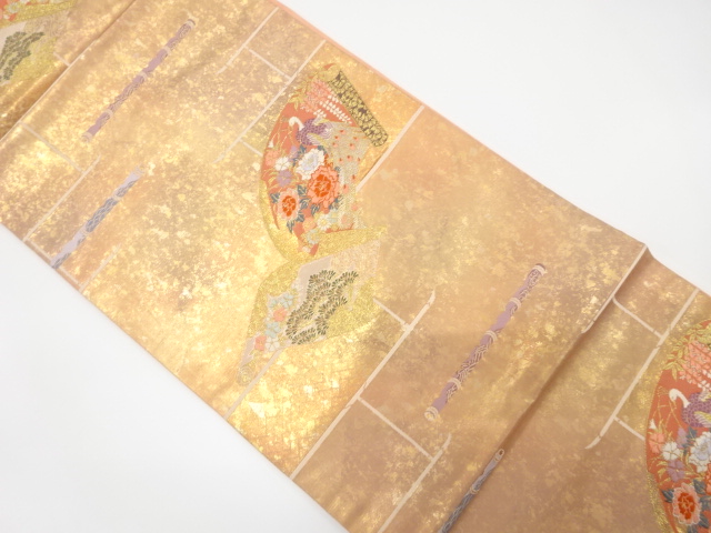 引箔　地紙に花鳥模様織り出し　名古屋帯